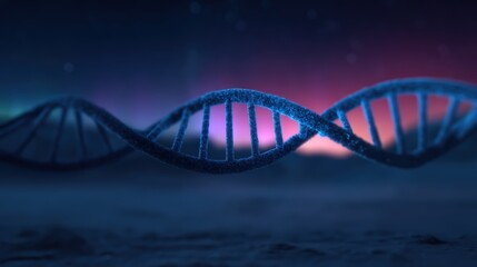 A close-up view of a glowing DNA double helix against a colorful, cosmic background, symbolizing genetics and the mysteries of life.