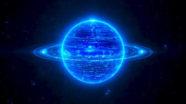 Blue holographic planet sphere with glowing equatorial ring floating against dark digital space