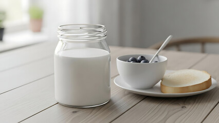 Milk Jar on Wooden Table with Blueberries and Bread