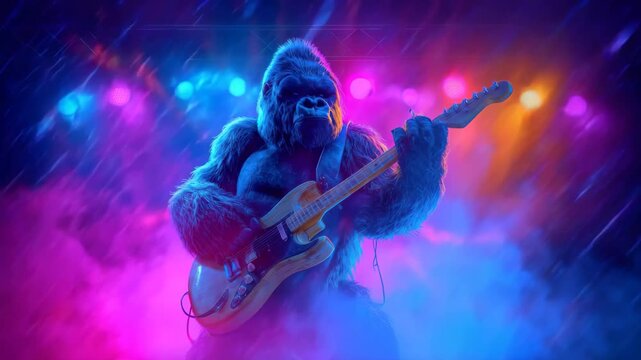 Gorilla performs on stage with electric guitar under colorful lights at a lively concert