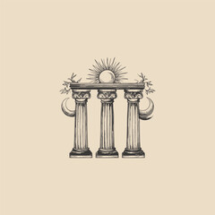 vintage engraving illustration of a classical architectural column, adorned with powerful celestial symbols: a shining sun resting atop the pillar and two crescent moons flanking the sides