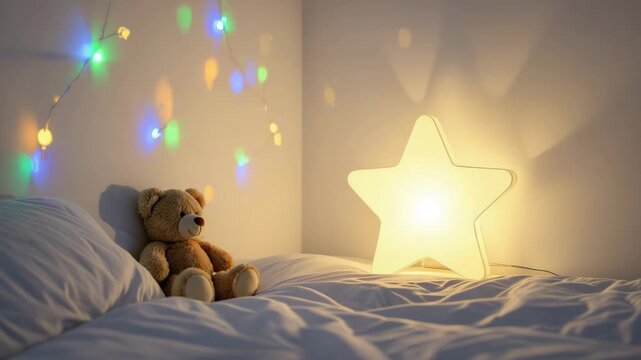 Warm star lamp glowing next to a teddy bear on a soft bed in a child's bedroom for a peaceful bedtime concept and cozy dreams