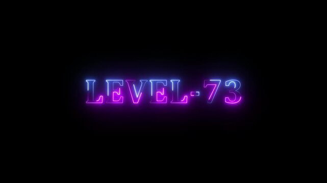 Level -73 blue and green neon bright text font colorful motion animation. Ideal for futuristic game intros animation. Neon level 73 up sing on black background.