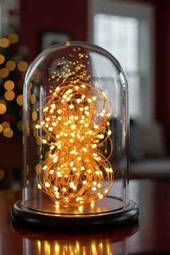 a glass dome showcasing a glowing, tangled string of warm white fairy lights on a wooden table