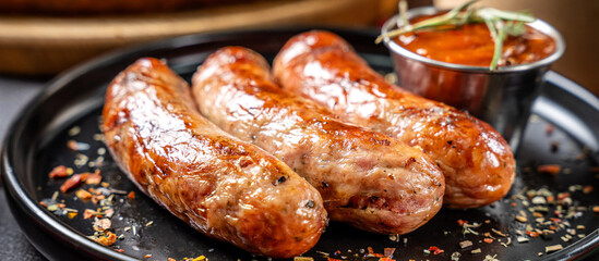 Grilled Pork Sausages With Sauce On Plate