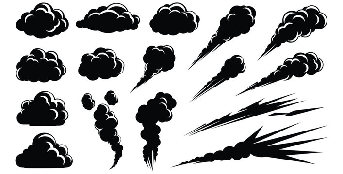 Collection of black smoke clouds and stylized motion trails perfect for comic book effects