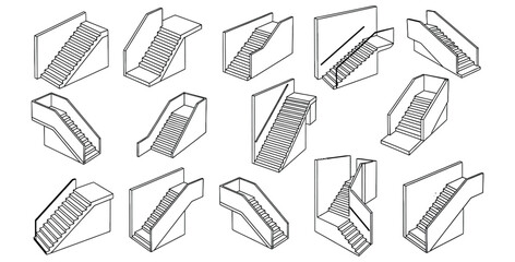 Collection of isometric line art architectural drawings showcasing various styles of interior and exterior staircases