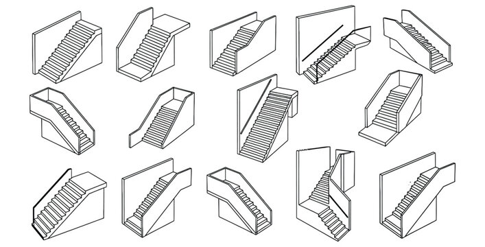 Collection of isometric line art architectural drawings showcasing various styles of interior and exterior staircases