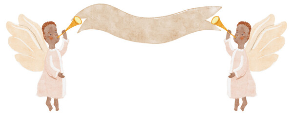 Angels blowing trumpets, holding blank ribbon banner in cloud white tones watercolor. Soft neutral palette, airy composition, isolated on white. Ideal for Christmas cards, luxury branding, prints.