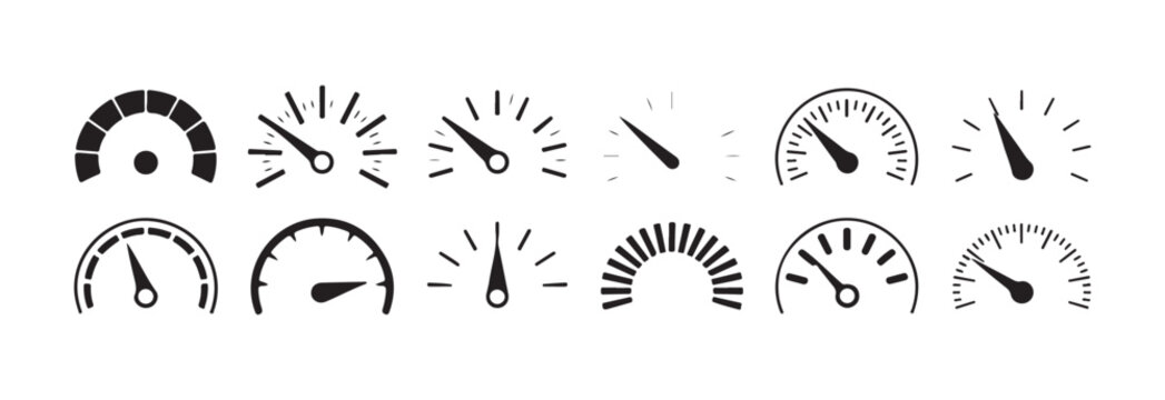 Twelve gauge and speedometer icons depicting measurement progress velocity and performance testing results in simple icons