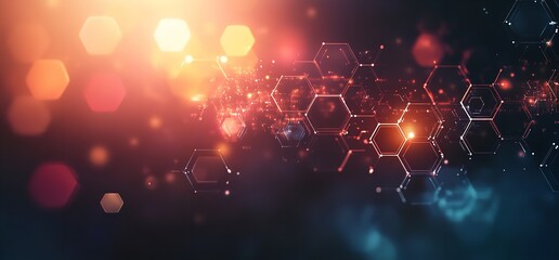 Futuristic molecular structure with glowing hexagons and neon lights on a dark background, representing innovation and technology.