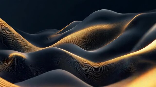 Abstract digital landscape featuring dark waves and glowing golden particles creating a futuristic, fluid data visualization or technological background