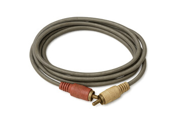 Coiled vintage rca cable with red and yellow connectors for analog audio and video signal, transparent background