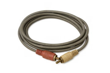 Coiled vintage rca cable with red and yellow connectors for analog audio and video signal, transparent background