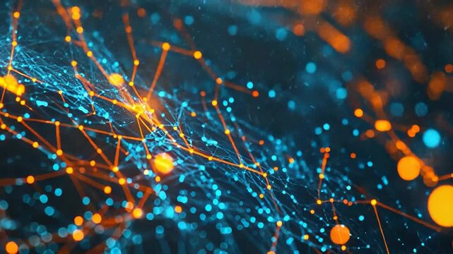 Complex glowing network of interconnected lines and nodes illustrating digital data flow, communication and ai driven connections in a futuristic technological environment