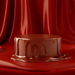 とろけるミルクチョコレートのポディウム。赤いシルク背景のバレンタインデー用商品展示3D素材。