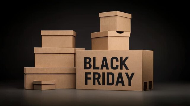 Stack of cardboard boxes with bold black friday sign on front stands in studio lighting representing major retail sale promotion and online shopping deals