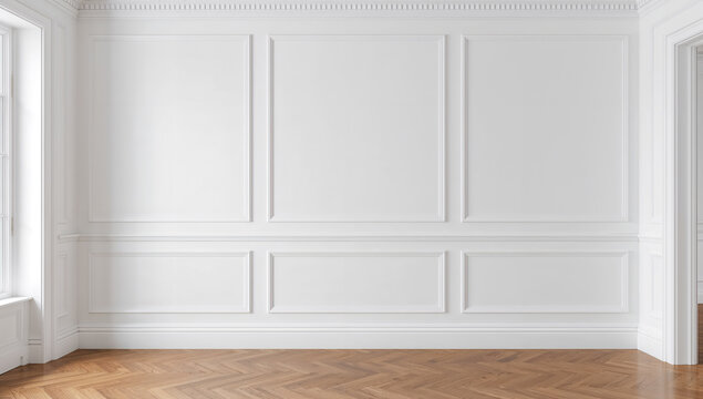 Elegant white paneled wall with herringbone wood floor and natural light from window