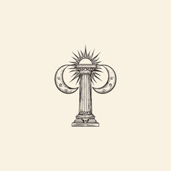 vintage engraving illustration of a classical architectural column, adorned with powerful celestial symbols: a shining sun resting atop the pillar and two crescent moons flanking the sides