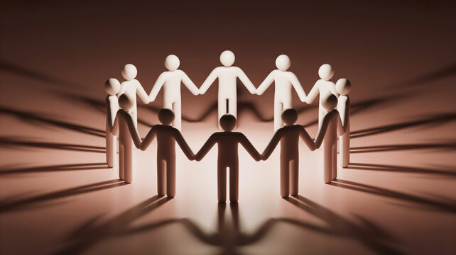 Group of people holding hands in a circle, teamwork and unity concept