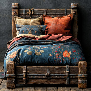 Medieval fantasy wooden bed with ornate carved frame and patterned bedding