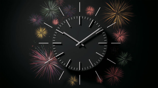 Close-up of a clock showing 12:00, surrounded by fireworks exploding around it