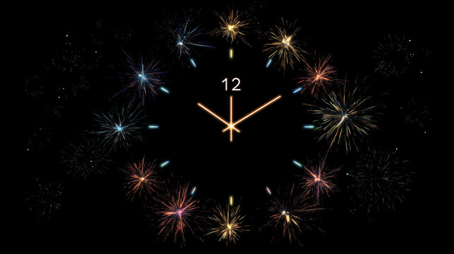 Close-up of a clock showing 12:00, surrounded by fireworks exploding around it