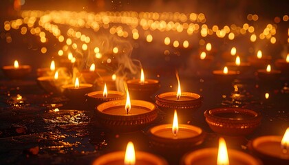 Night scene of illuminated clay lamps arranged in cultural patterns, rich earth tones, deep shadows, soft haze, mystical Punjabi festive atmosphere captured realistically