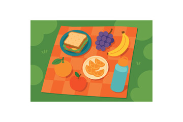 Flat vector illustration of colorful simple lunch outdoors on reusable cloth with vivid fruit rounded shapes clean vector