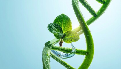 Green Plant DNA Helix with Water Droplets – Biotechnology Concept Featuring Genetic Engineering, Environmental Science, and Sustainable Growth in Nature-Inspired DNA Structure on Blue Background