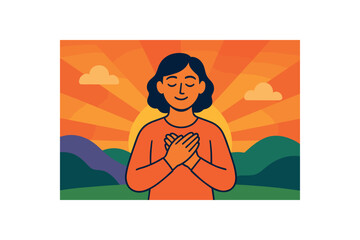 Flat vector illustration of colorful sunrise gratitude moment with person holding hands over heart vivid tones rounded shapes clean outline