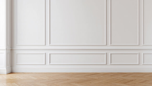 Elegant white wall with classic paneling and herringbone wood floor, minimalist interior design