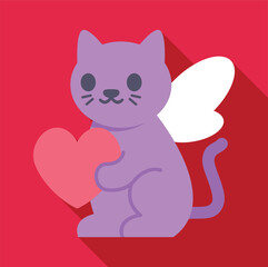 Cute cartoon cat with angel wings holding a pink heart on a red background