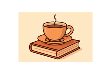 Flat vector illustration of tea cup and saucer on book soft rounded forms clean outline warm home decor style