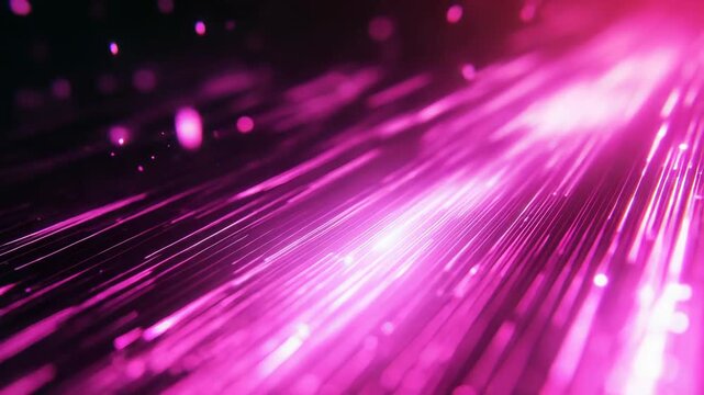High speed data transmission visual with glowing magenta and pink light rays and particles streaming across a dark background, evoking network connectivity and futuristic bandwidth