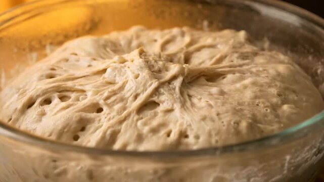 Close-up timelapse of active dough rising in a bowl.
