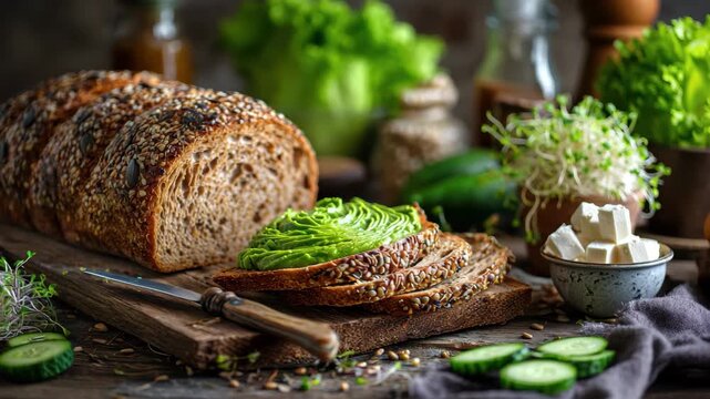 Sliced whole grain bread with avocado spread and fresh ingredients image photo