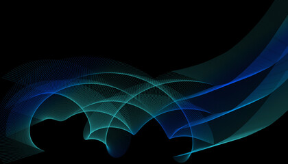Teal and blue abstract wave lines flowing smoothly across dark background.