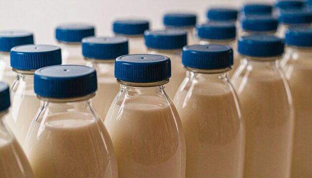 Mass Production of White Plastic Milk Bottles with Blue Caps &ndash; Dairy Factory Packaging Line Featuring Uniform Rows, Industrial Food Processing, and Supply Chain Logistics in Modern Manufacturing Envir