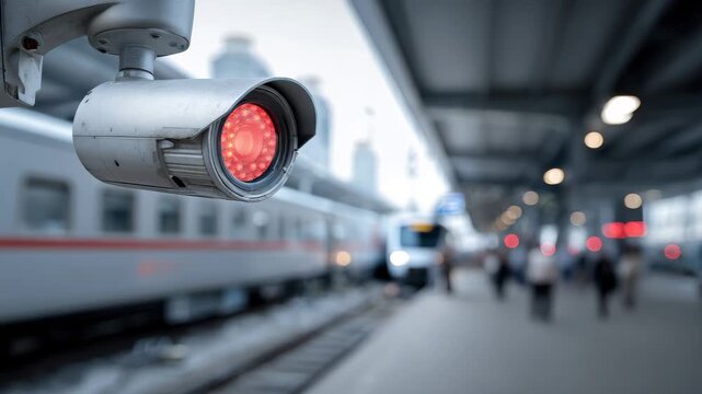 Security camera monitors train station activity during a busy afternoon as travelers move along the platform