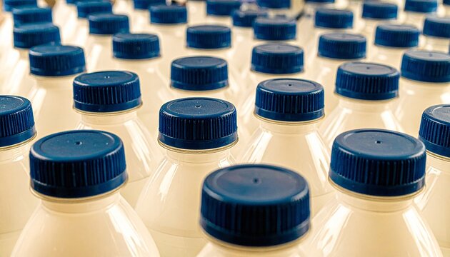 Mass Production of White Plastic Milk Bottles with Blue Caps &ndash; Dairy Factory Packaging Line Featuring Uniform Rows, Industrial Food Processing, and Supply Chain Logistics in Modern Manufacturing Envir