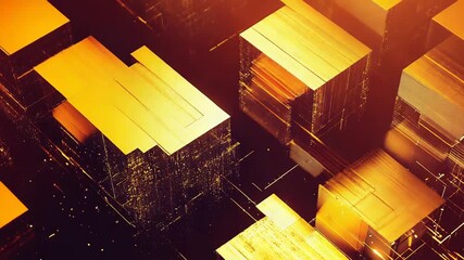 Golden abstract blocks and glowing lines forming a complex digital city, symbolizing data processing, advanced technology, and interconnected networks in a science fiction environment - Powered by Adobe