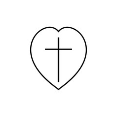 Church heart icon with religious cross. Outline vector illustration.