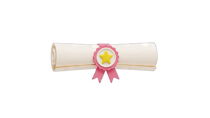Rolled Certificate Document With Pink Ribbon And Golden Star Seal On Transparent Background