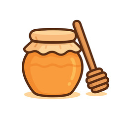 Flat vector illustration of jar of honey with dipper soft rounded shapes clean outline cozy food style