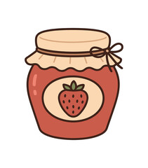 Flat vector illustration of strawberry jam jar with cloth lid soft rounded forms clean outline cozy food style