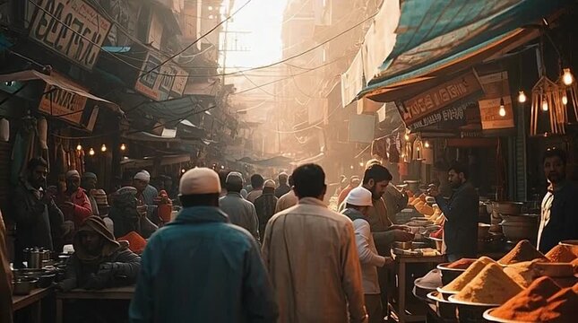 Cinematic video of a bustling Indian street market during golden hour, capturing vibrant colors, lively vendors, and natural warm sunlight