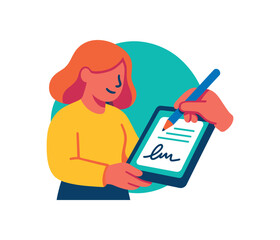 Flat vector illustration of colorful employee using digital signature on tablet vivid stylus rounded forms paperless habit