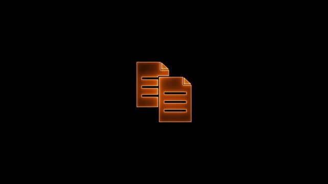 Neon orange outline icon of two stacked documents on a black background papers files