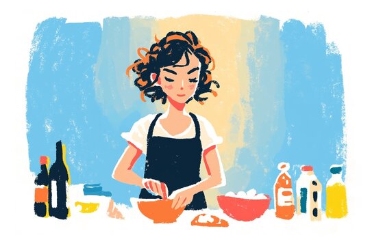 Digital illustration of young woman chef cooking in kitchen. Girl in apron mixing ingredients in bowl. Retro art style culinary concept. Creative cooking and bakery background. - Powered by Adobe